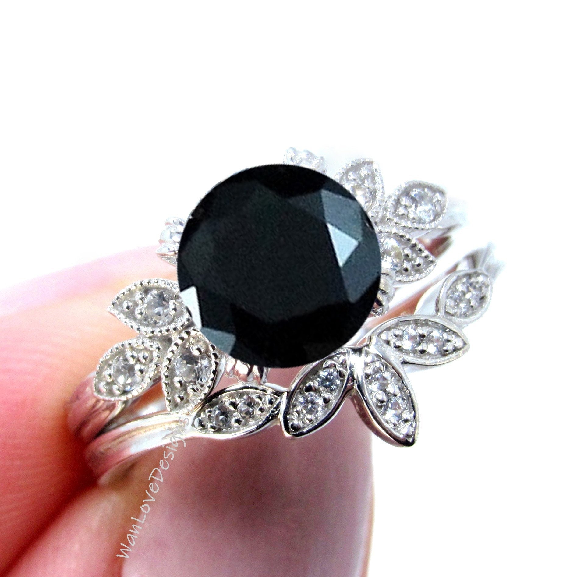 Black Spinel engagement ring set white gold Unique Round cut Cluster Diamond milgrain leaf women vintage wedding band Anniversary set