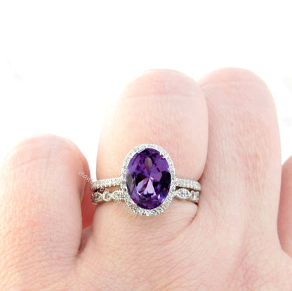 Oval shaped Purple Sapphire Alexandrite Diamond engagement ring set rose gold Halo Unique ring women vintage Half eternity leaf wedding band