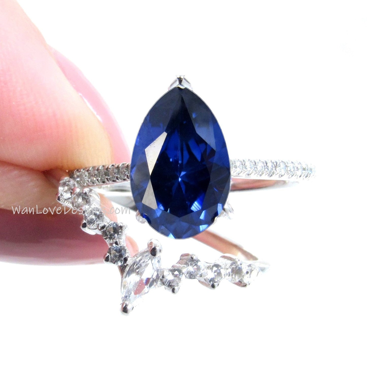 2PCS Blue Sapphire engagement ring white gold Pear shaped Unique Cluster vintage ring vintage Marquise curved wedding band Promise gift