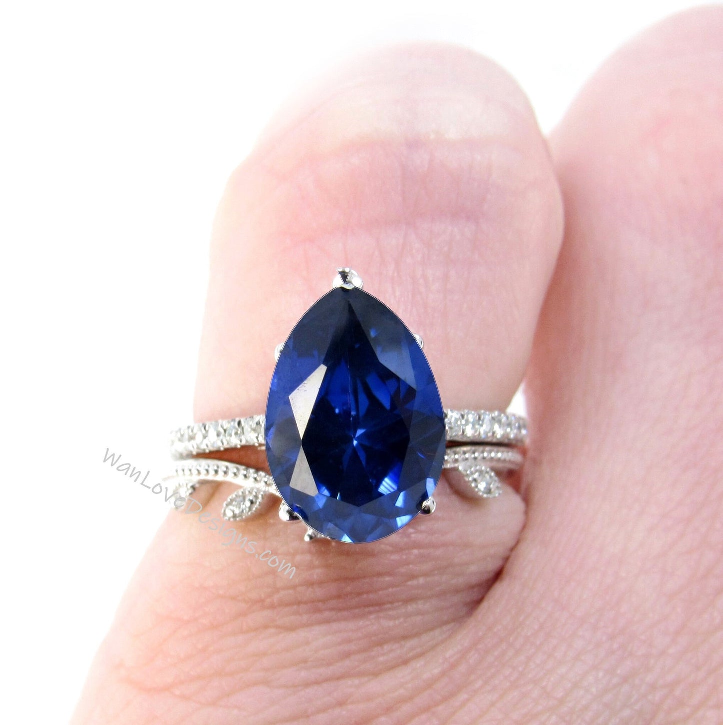 2pc Blue Sapphire Pear shaped engagement ring white gold Unique Cluster vintage ring vintage Milgrain Leaf curved wedding band Gift for her