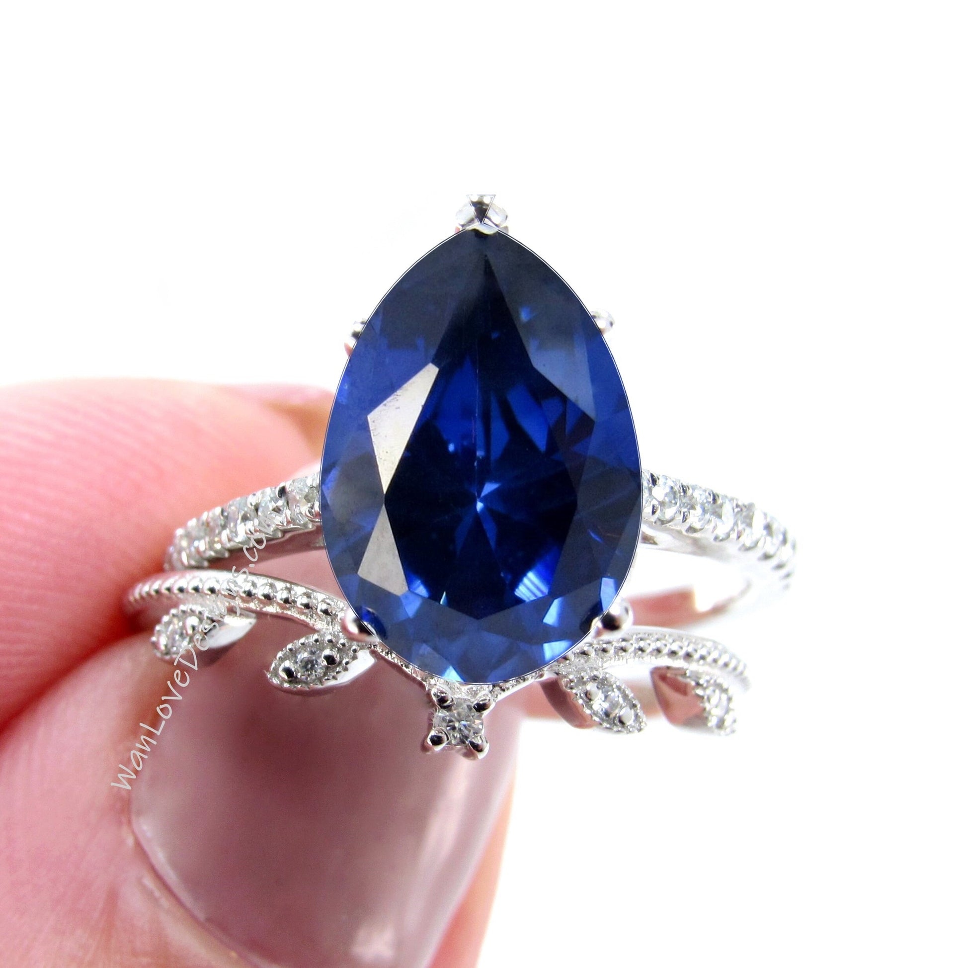 2pc Blue Sapphire Pear shaped engagement ring white gold Unique Cluster vintage ring vintage Milgrain Leaf curved wedding band Gift for her