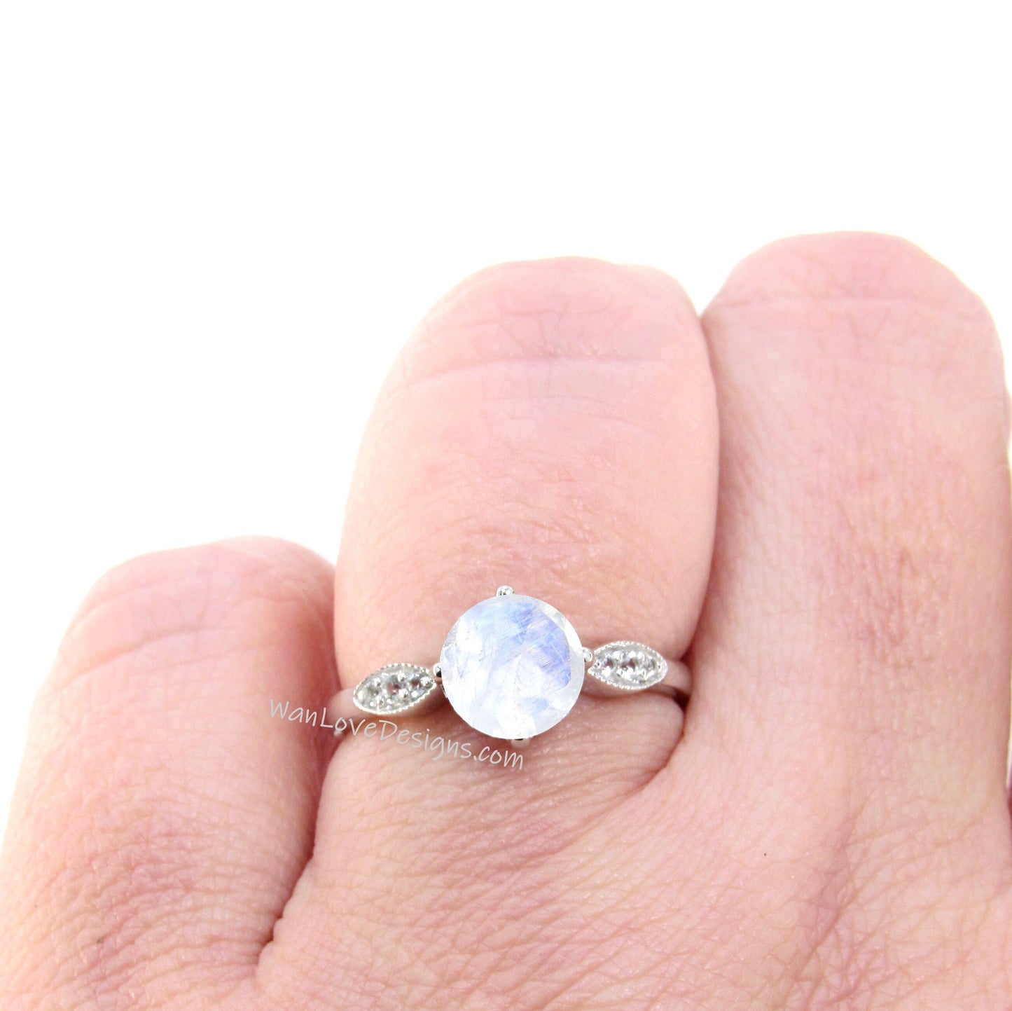 Moonstone & Diamond Engagement Ring, Milgrain Leaf Nature Round Antique Vintage style, 14k 18k White Yellow Rose Gold-Platinum-Custom