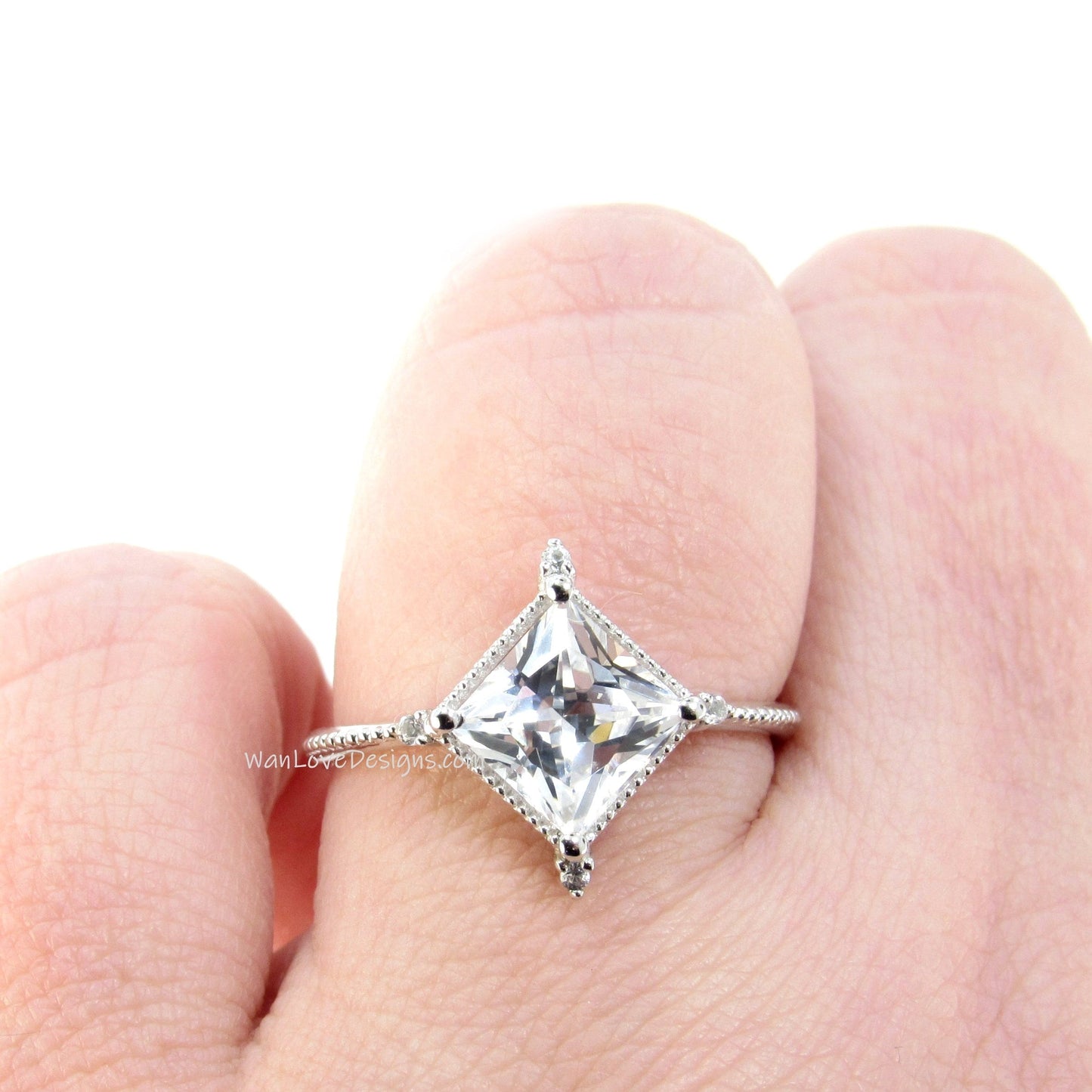 White Sapphire & Diamond Milgrain Kite NSEW Princess Engagement Ring, Custom,14k 18k White Yellow Rose Gold-Platinum,Wedding, WanLoveDesigns