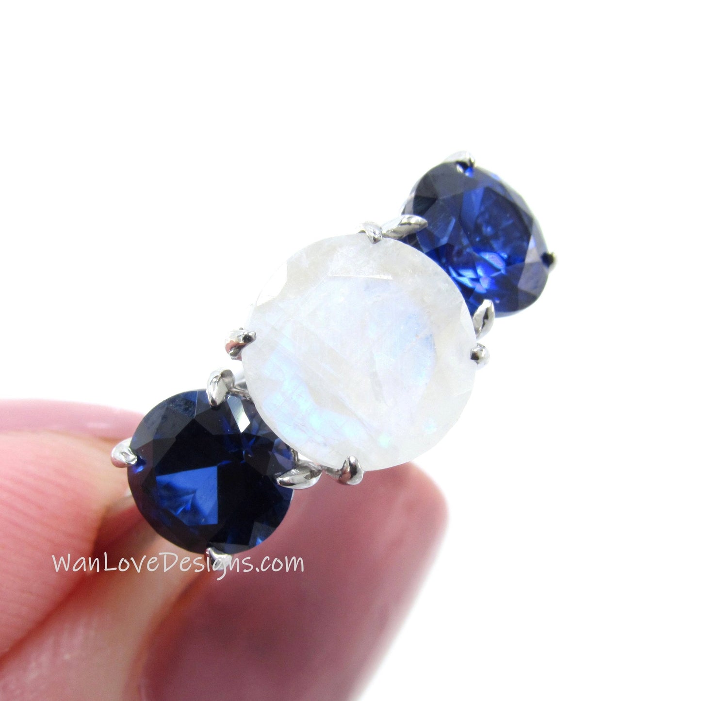 Moonstone engagement ring white gold Blue Sapphire ring vintage moon stone three stones ring wedding Bridal prong ring promise Anniversary