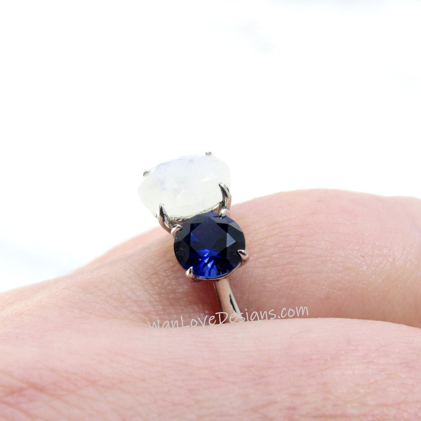 Moonstone engagement ring white gold Blue Sapphire ring vintage moon stone three stones ring wedding Bridal prong ring promise Anniversary