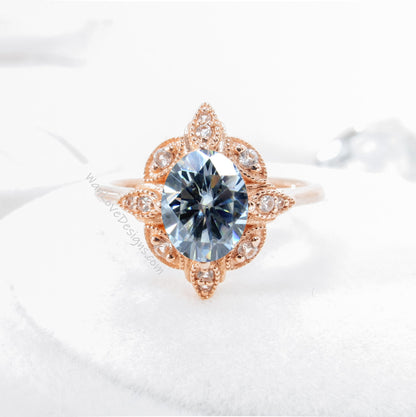 Vintage Oval Shaped Grey Moissanite Engagement ring Antique rose gold ring unique diamond halo wedding bridal ring Promise ring gift for her