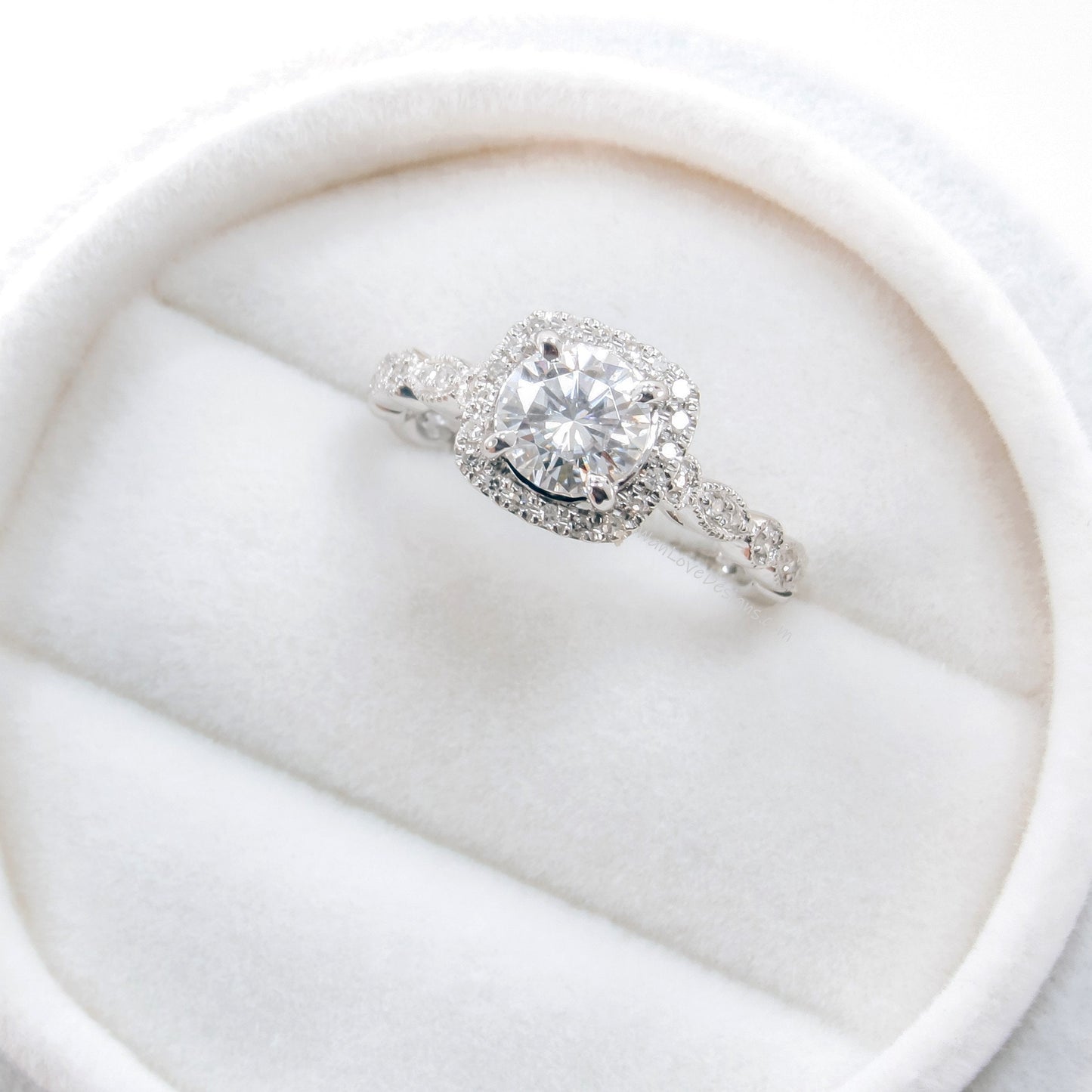 Cushion Halo Forever One Round Moissanite engagement ring 18k white gold vintage milgrain 3/4 eternity women Diamond Wedding Bridal Ready