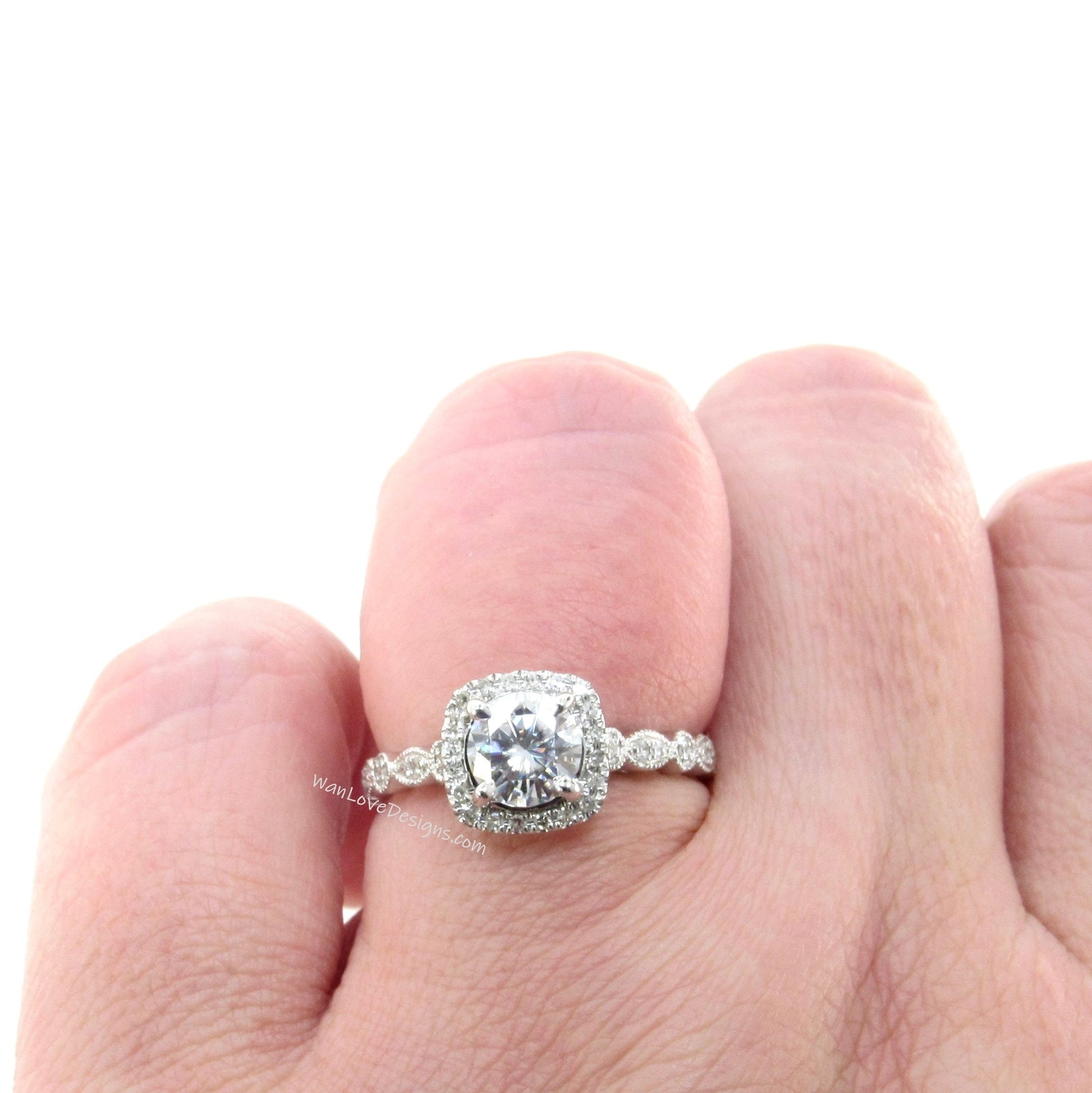 Cushion Halo Forever One Round Moissanite engagement ring 18k white gold vintage milgrain 3/4 eternity women Diamond Wedding Bridal Ready