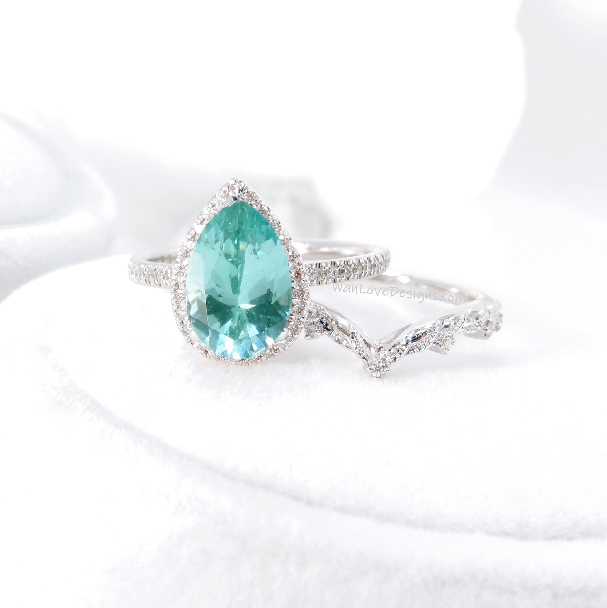 Pear halo teal spinel and diamond ring set, engagement ring and 7 gem wedding band, pear ring, diamond wedding ring, leaf engagement ring