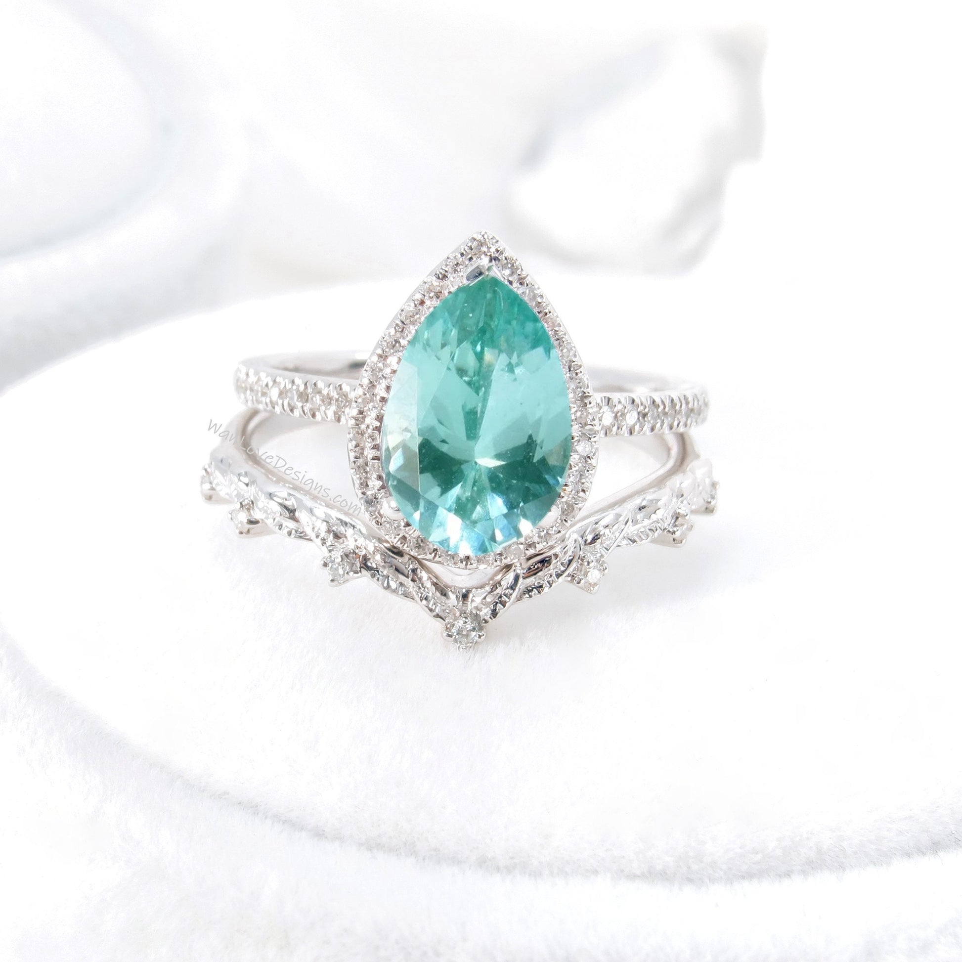 Pear halo teal spinel and diamond ring set, engagement ring and 7 gem wedding band, pear ring, diamond wedding ring, leaf engagement ring