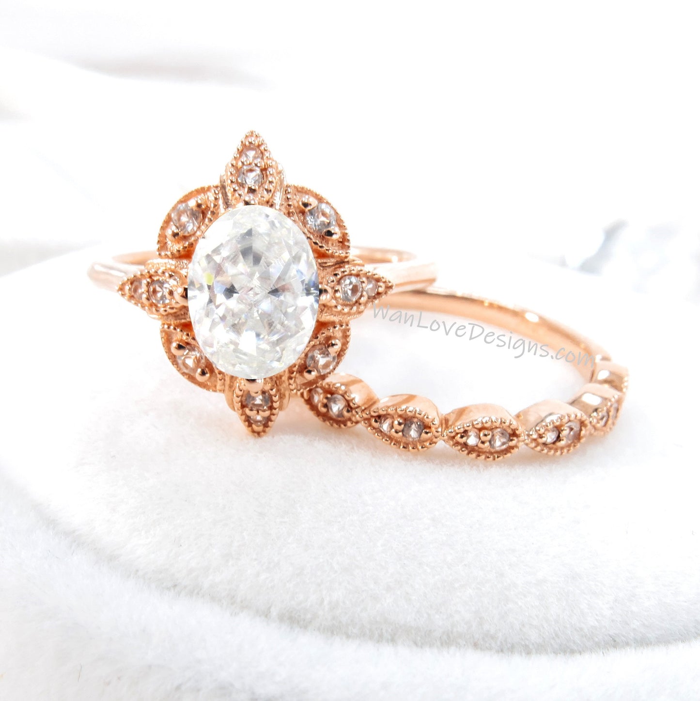 Oval Diamond engagement ring set Rose gold Halo vintage engagement ring Pear Half eternity Lab grown Diamond ring Bridal Anniversary gift