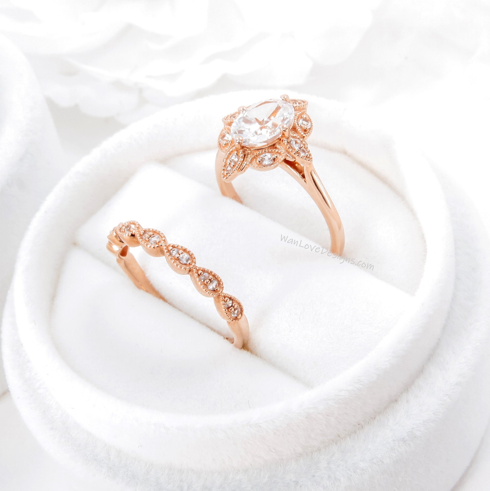 Oval Diamond engagement ring set Rose gold Halo vintage engagement ring Pear Half eternity Lab grown Diamond ring Bridal Anniversary gift