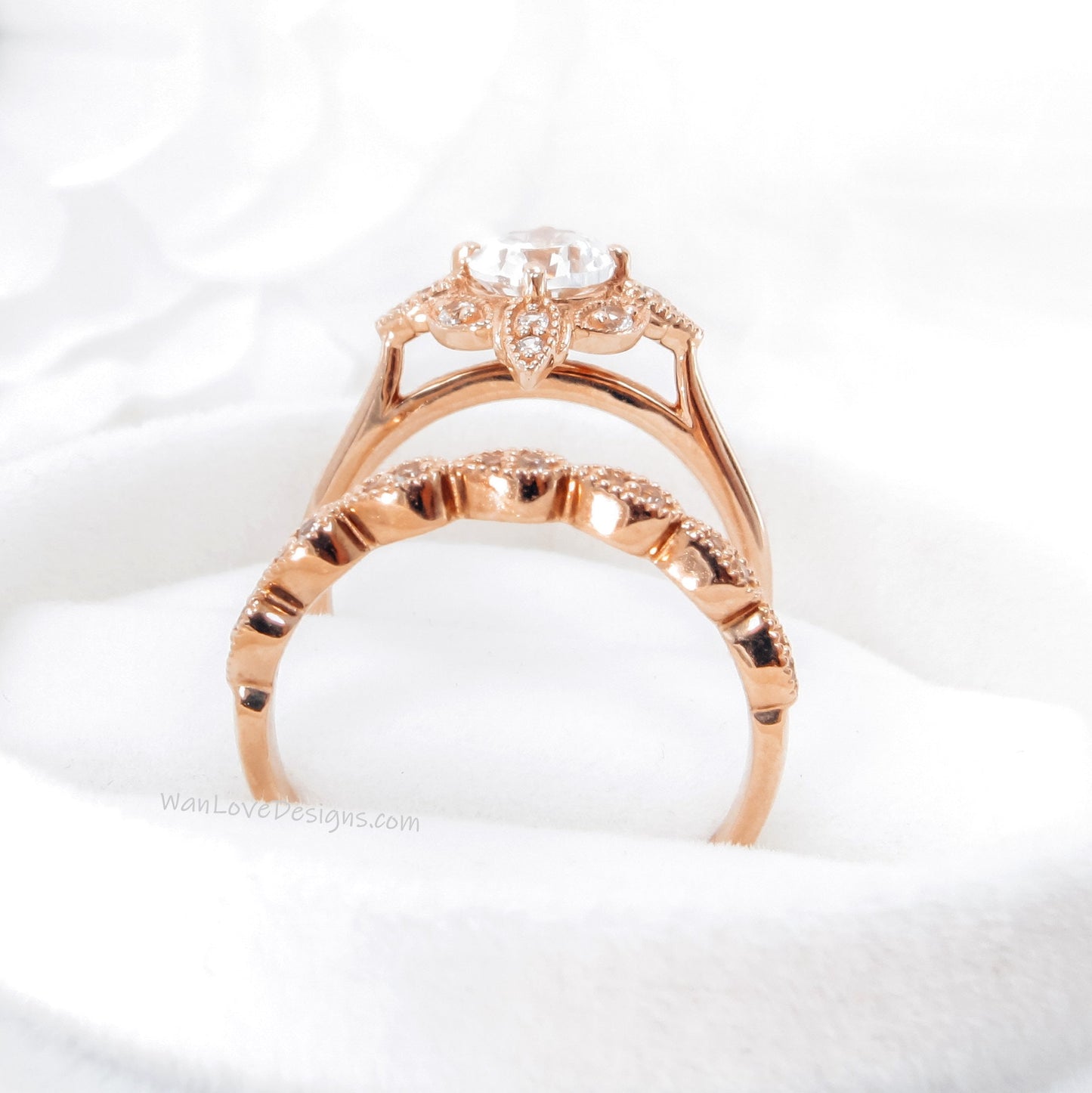 Oval Diamond engagement ring set Rose gold Halo vintage engagement ring Pear Half eternity Lab grown Diamond ring Bridal Anniversary gift