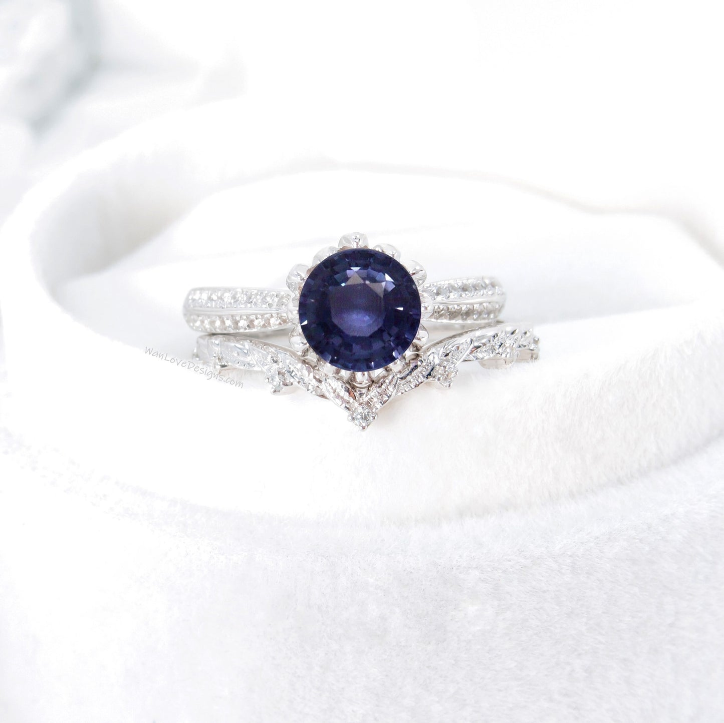 1.65ct Blue Sapphire diamond Lotus ring set - engagement ring wedding band- leaves bridal ring- diamond wedding ring- flower engagement ring