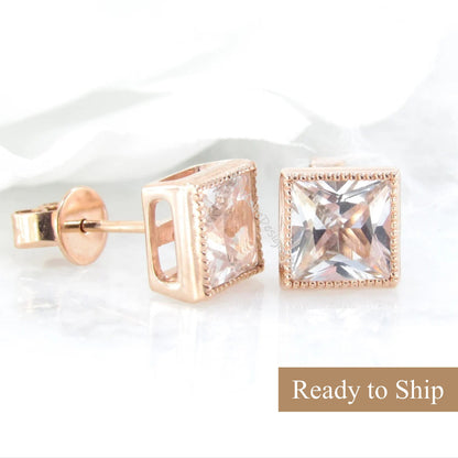 3ct Princess Cut White Sapphire Stud Earrings, Milgrain Rose Gold Wedding Earrings, Bezel Set Earrings, Anniversary Gifts, Ready to Ship