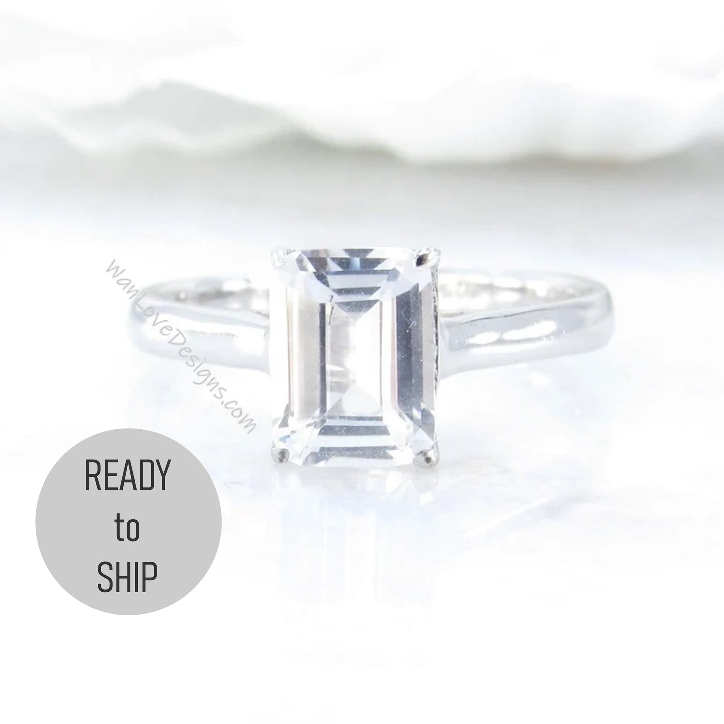 2ct Emerald Cut White Sapphire Solitaire Ring Cathedral 4 prong White Sapphire Engagement Ring Bridal Promise Ring, Ready to ship Ring