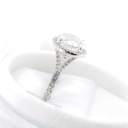 Round Halo Moissanite & Diamond Ring art deco Split Shank Engagement Ring unique vintage white gold ring wedding bridal promise ring