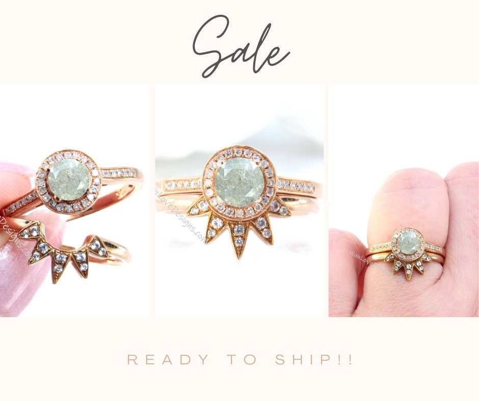 Ready to ship Round Cut Salt & Pepper Diamond ring | Rose gold round cut diamond engagement Ring |Vintage star band| Art deco Halo ring set