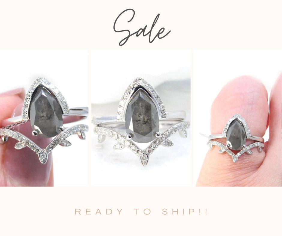 Ready to ship Vintage pear Salt & Pepper diamond engagement ring set 18k white gold Art Deco half halo bridal set Antique wedding band