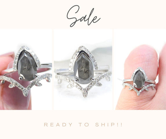 Ready to ship Vintage pear Salt & Pepper diamond engagement ring set 18k white gold Art Deco half halo bridal set Antique wedding band