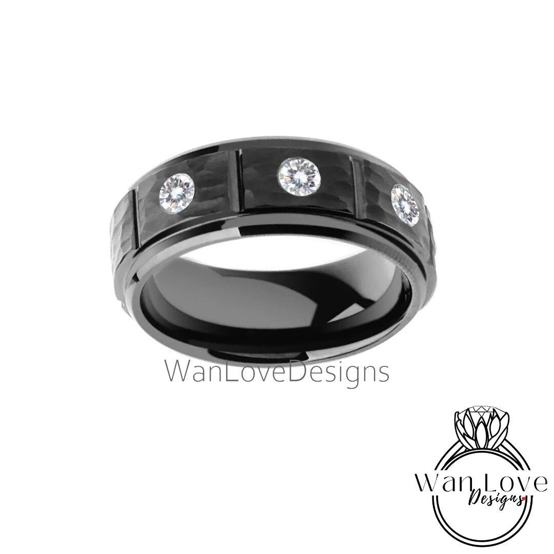 Black Tungsten Moissanite Diamonds Men's Wedding Ring, Grooved Tungsten Wedding Ring, Mens Engagement Ring Birthstone Band, Man Anniversary