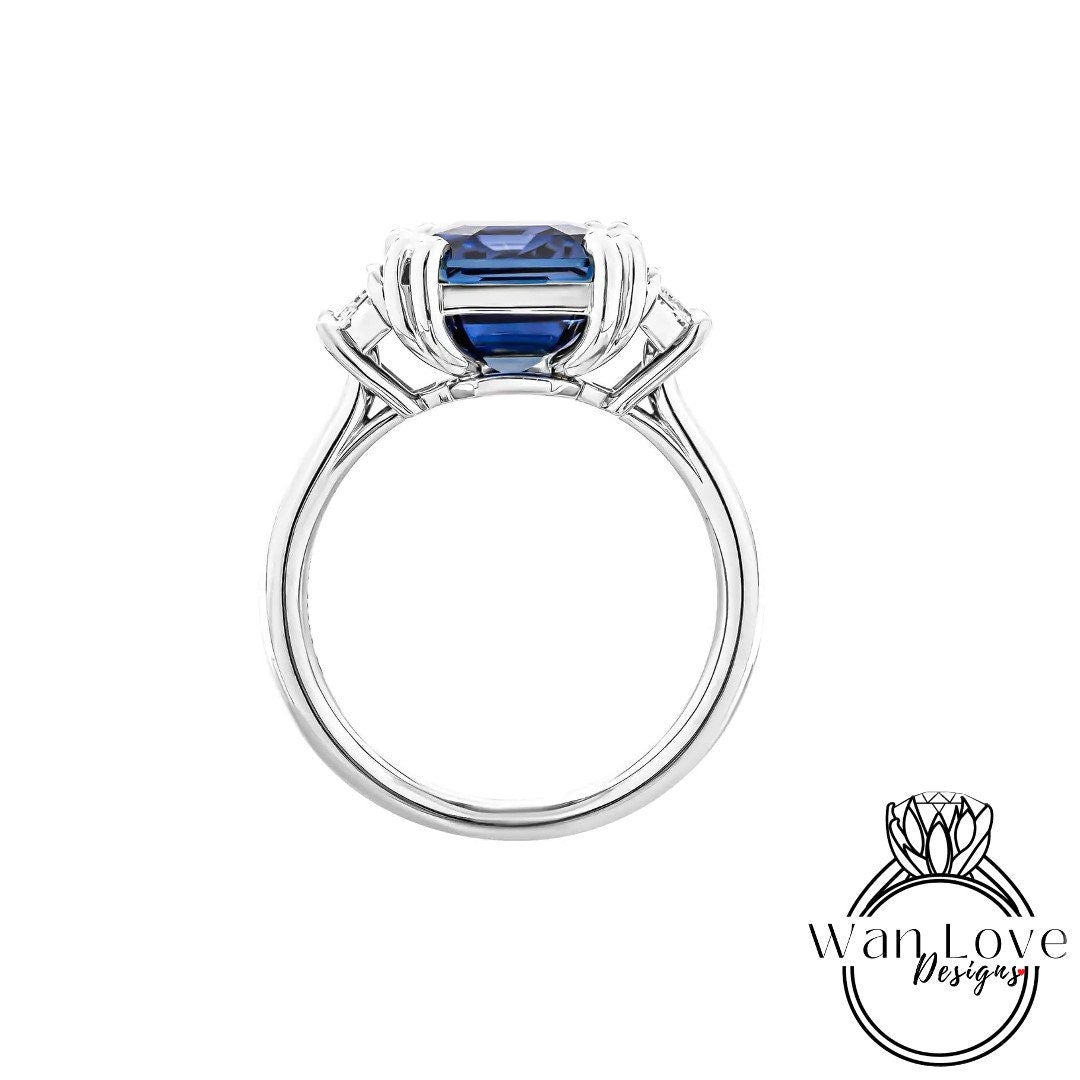 6ct Blue Sapphire Emerald cut Engagement Ring, Radiant Sapphire Moissanite diamond Baguette ring solid white gold, Royal Blue sapphire ring