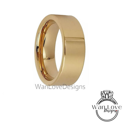 Mens Gold Tungsten Wedding Bands, 14k Yellow Gold Tungsten Wedding Band, Mens Wedding Bands, Shiny Polished Tungsten Ring - 8mm Comfort Fit