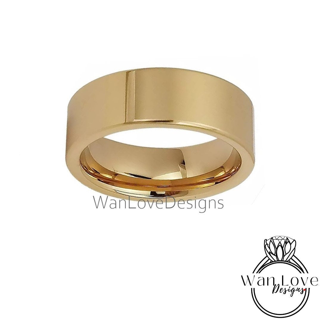 Mens Gold Tungsten Wedding Bands, 14k Yellow Gold Tungsten Wedding Band, Mens Wedding Bands, Shiny Polished Tungsten Ring - 8mm Comfort Fit