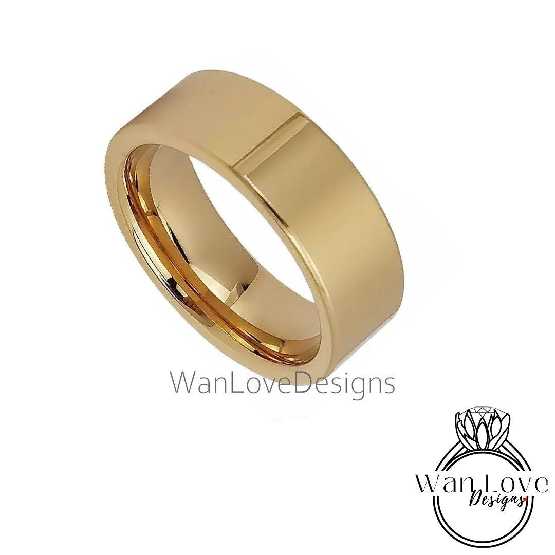 Mens Gold Tungsten Wedding Bands, 14k Yellow Gold Tungsten Wedding Band, Mens Wedding Bands, Shiny Polished Tungsten Ring - 8mm Comfort Fit