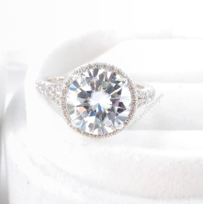 Round Halo Moissanite & Diamond Ring art deco Split Shank Engagement Ring unique vintage white gold ring wedding bridal promise ring