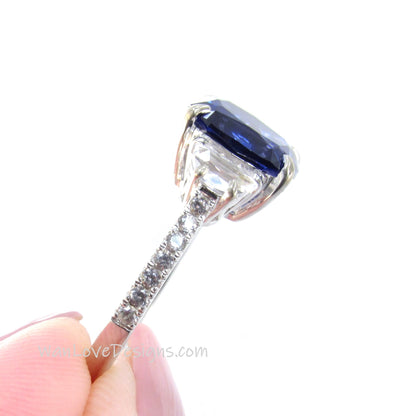 Blue White Sapphire Elongated Cushion Half moon Engagement Ring 4ct art deco three gem stone ring 3 gemstone wedding bridal anniversary gift