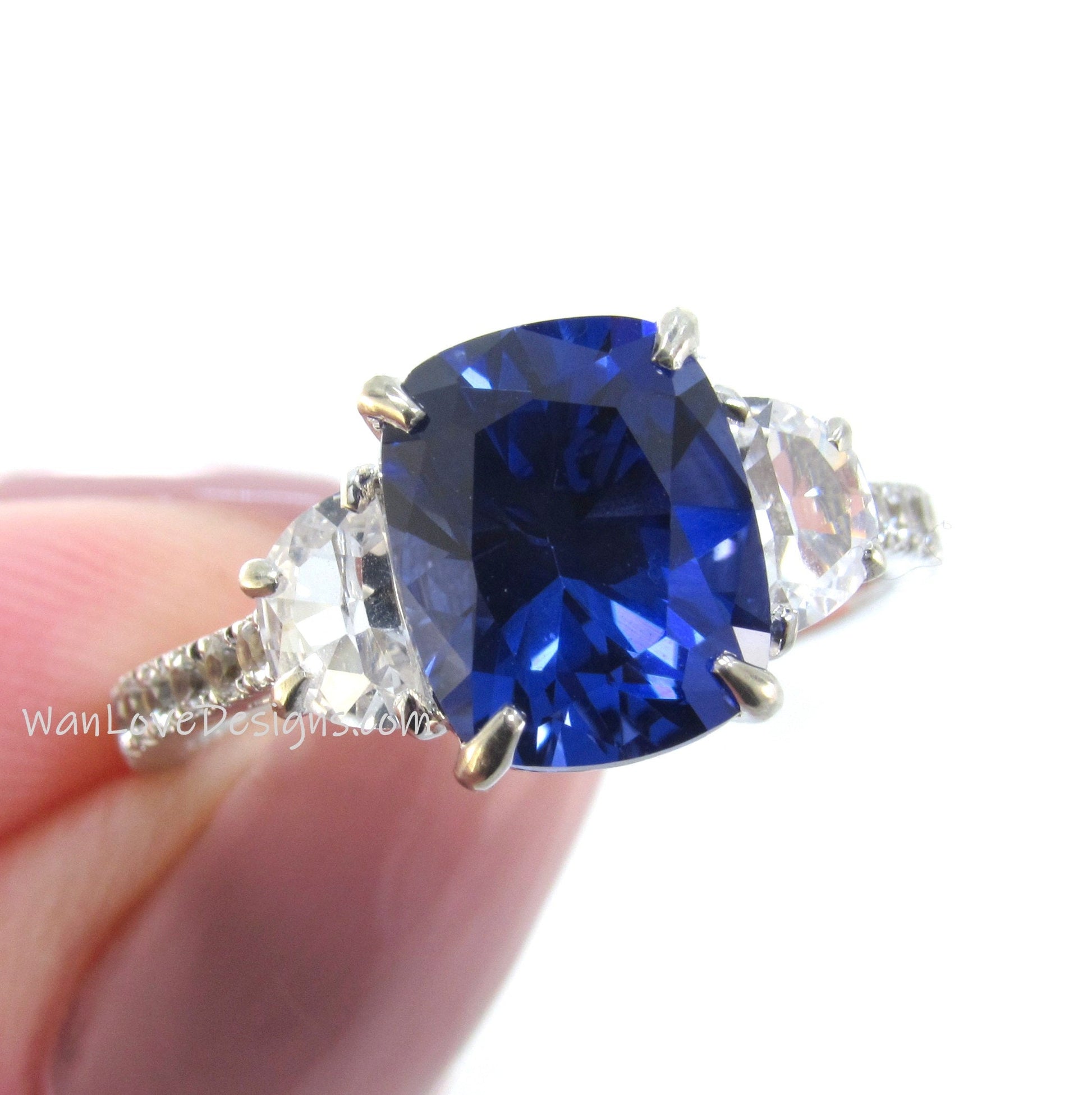 Blue White Sapphire Elongated Cushion Half moon Engagement Ring 4ct art deco three gem stone ring 3 gemstone wedding bridal anniversary gift