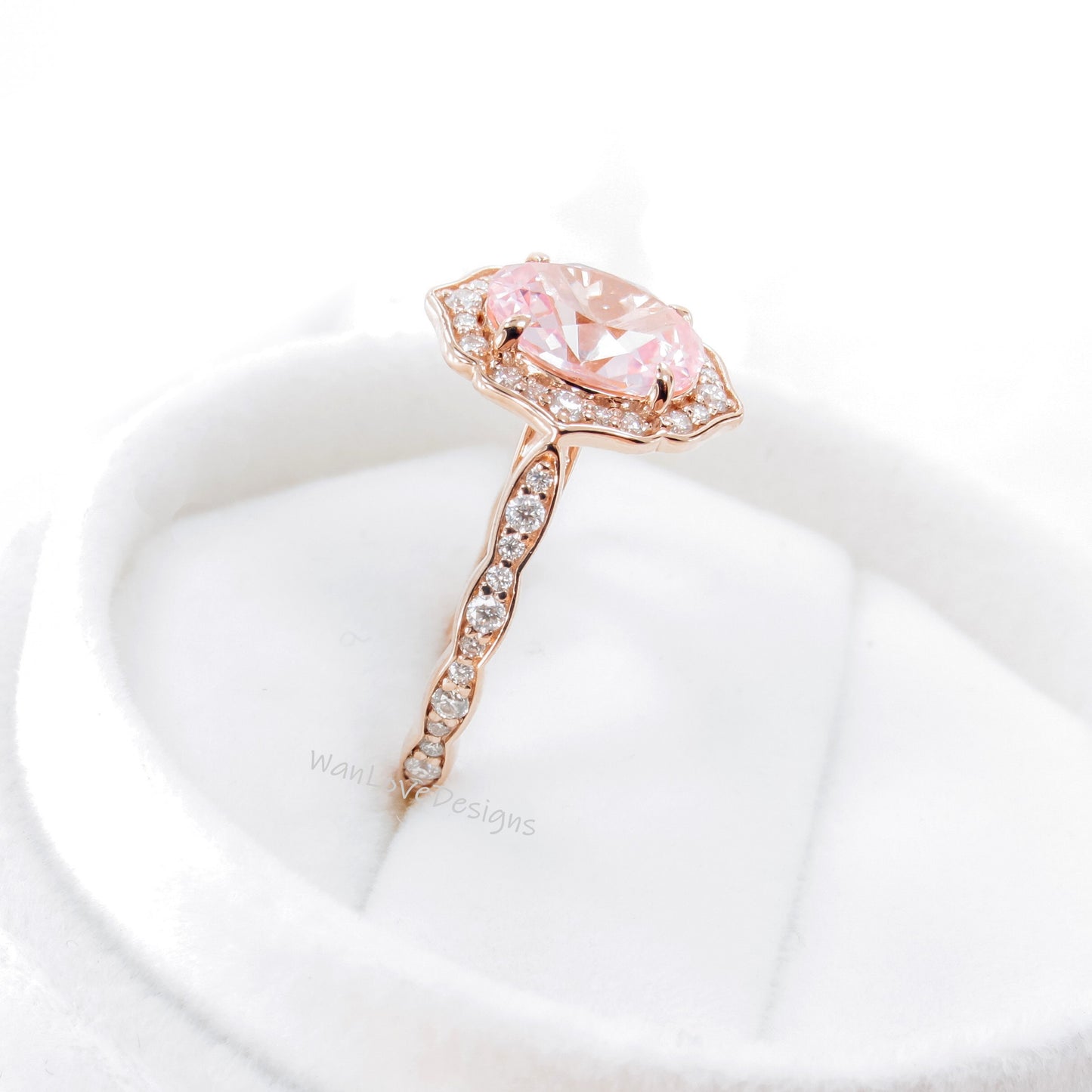 Oval shaped Peach Sapphire engagement ring diamond halo ring moissanite scalloped ring unique vintage ring rose gold ring anniversary ring