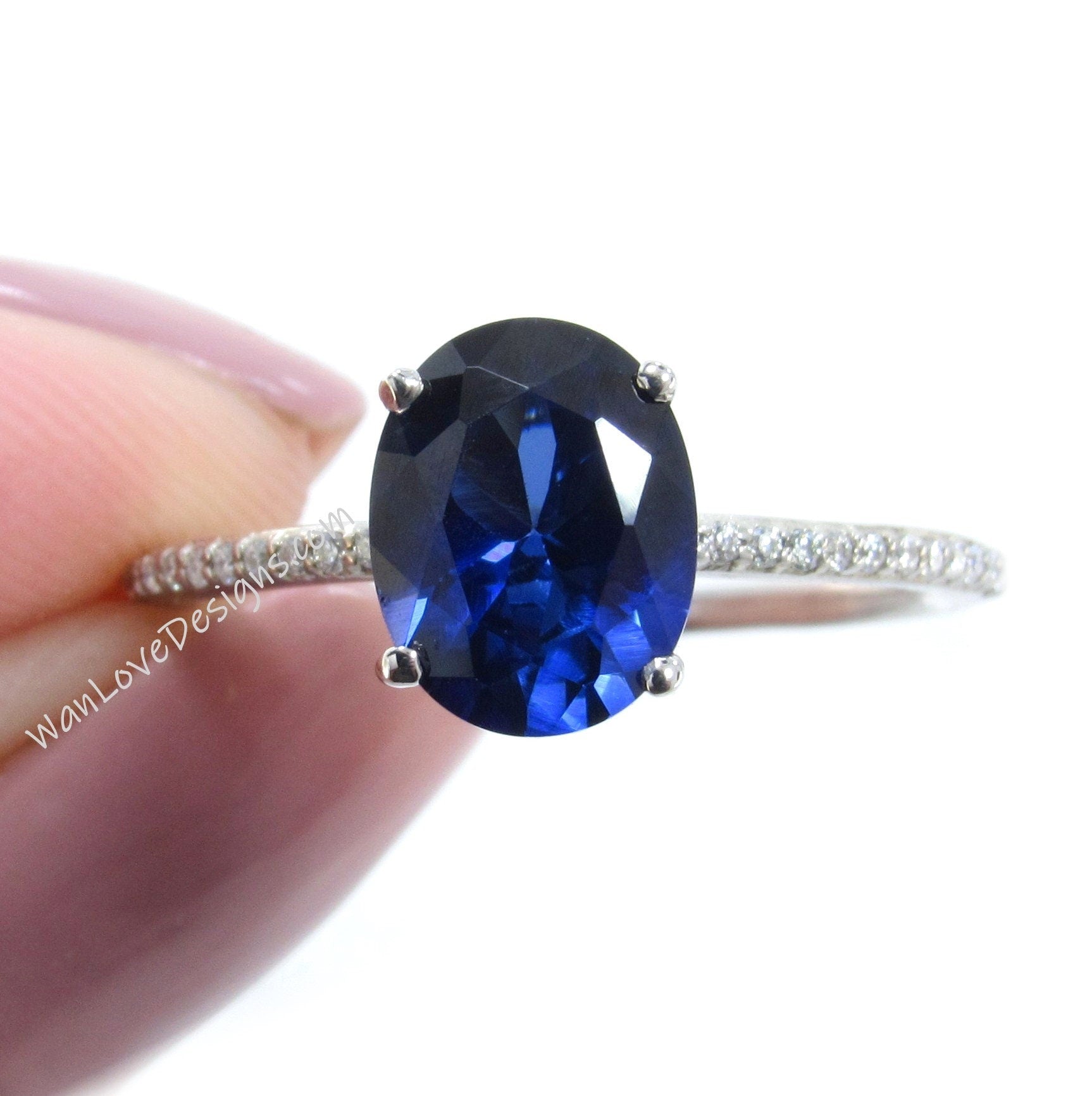 Vintage Blue Sapphire & Moissanite engagement ring Art deco dainty 4 prong wedding ring Antique oval cut bridal Anniversary ring for her