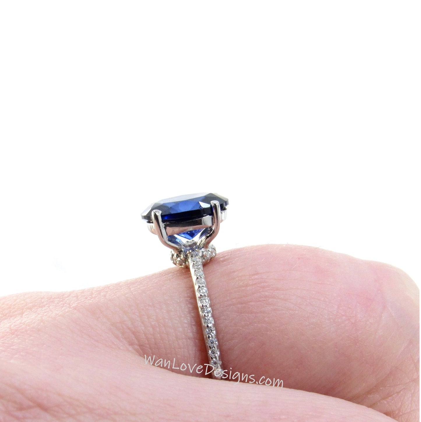 Vintage Blue Sapphire & Moissanite engagement ring Art deco dainty 4 prong wedding ring Antique oval cut bridal Anniversary ring for her