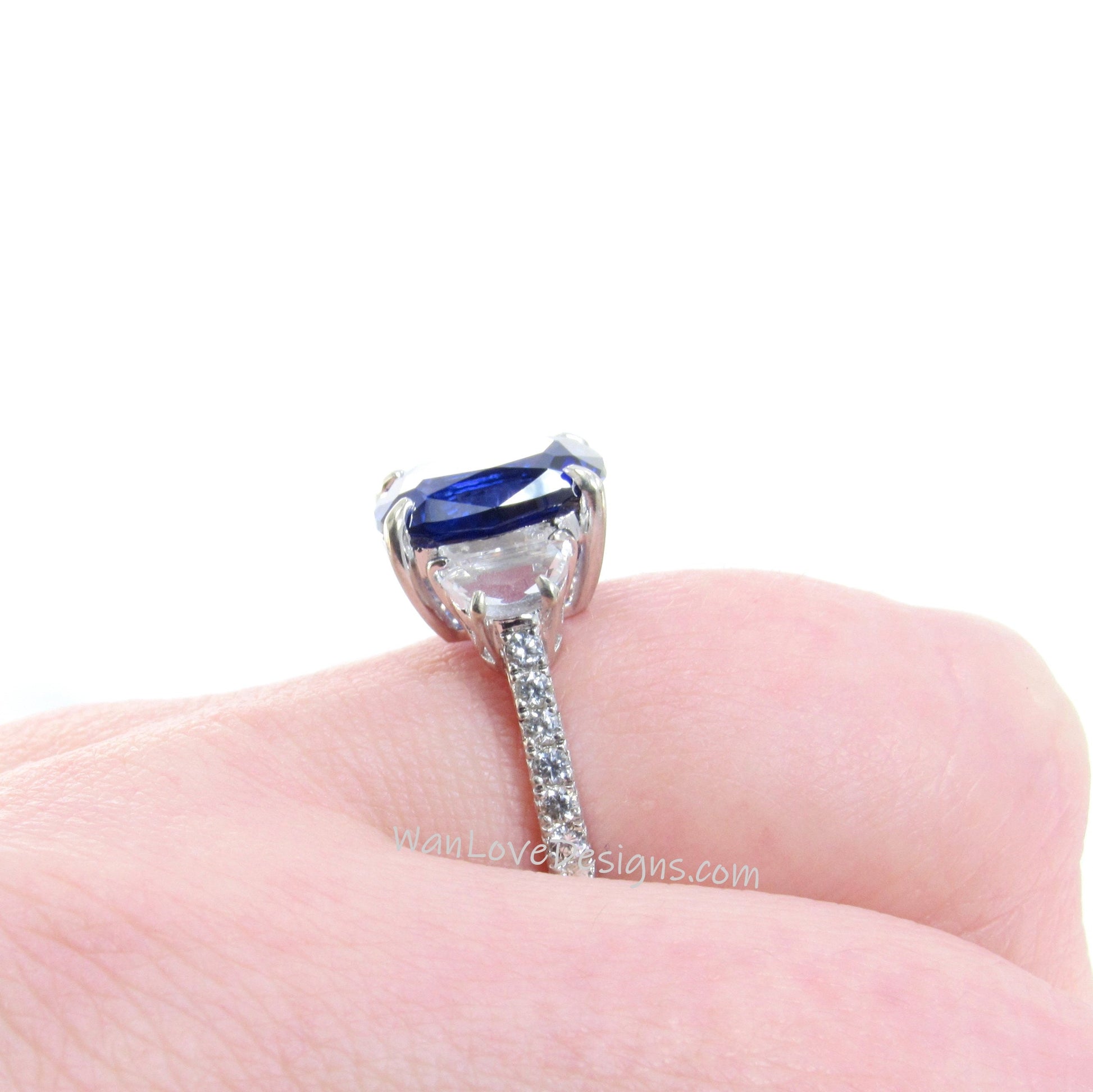 Blue White Sapphire Elongated Cushion Half moon Engagement Ring 4ct art deco three gem stone ring 3 gemstone wedding bridal anniversary gift