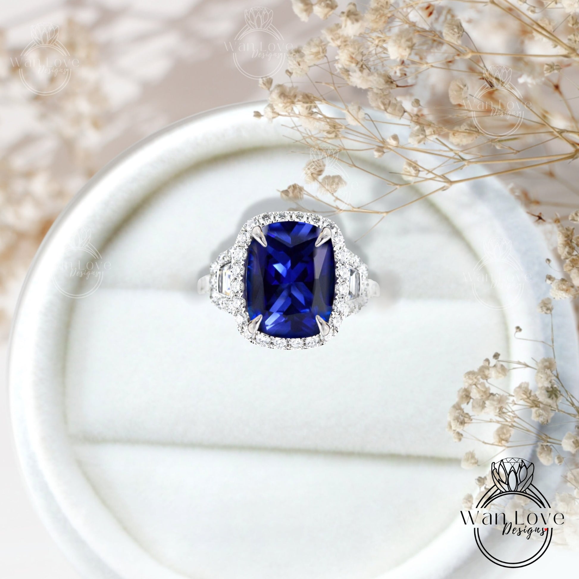 Blue Sapphire Diamond Engagement Ring, 4 Ct Diamond Halo Wedding Ring, Three stone Ring Anniversary Ring Gift Bridal statement Cocktail ring