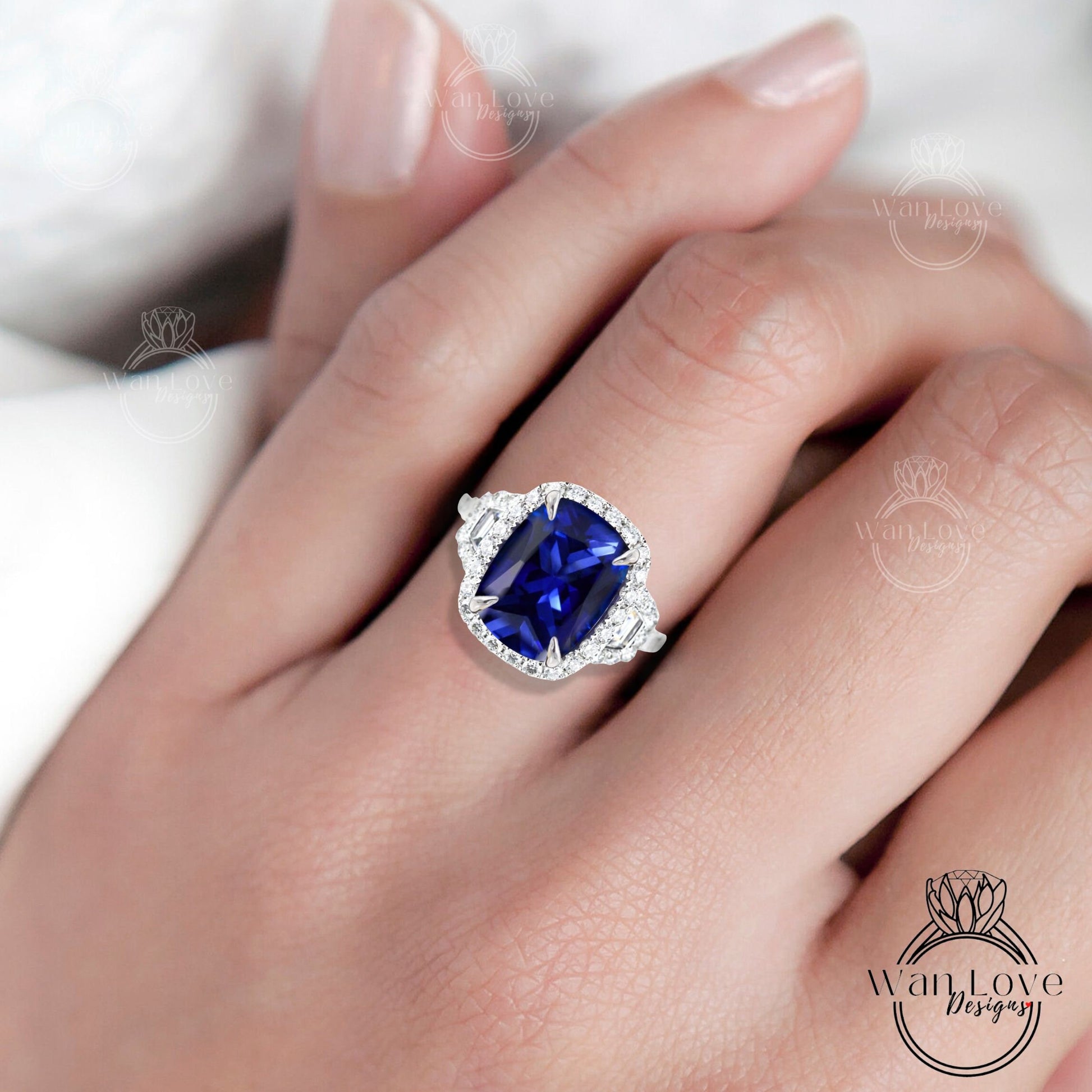 Blue Sapphire Diamond Engagement Ring, 4 Ct Diamond Halo Wedding Ring, Three stone Ring Anniversary Ring Gift Bridal statement Cocktail ring