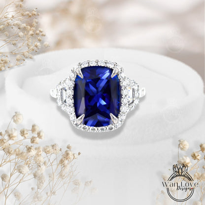 Blue Sapphire Diamond Engagement Ring, 4 Ct Diamond Halo Wedding Ring, Three stone Ring Anniversary Ring Gift Bridal statement Cocktail ring