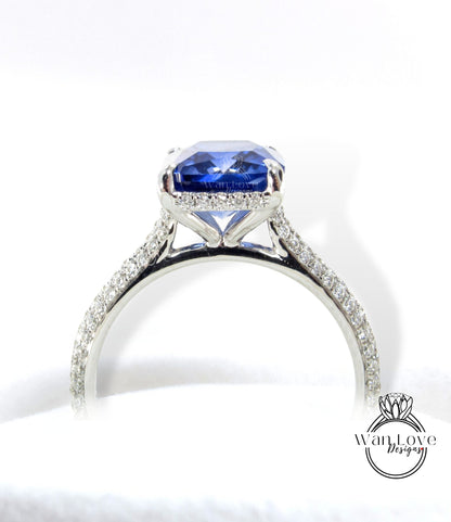 5ct Celebrity style Blue Sapphire Diamond Engagement Ring, Emerald cut Sapphire Ring, Diamonds side hidden halo ring, Bridal Wedding Ring