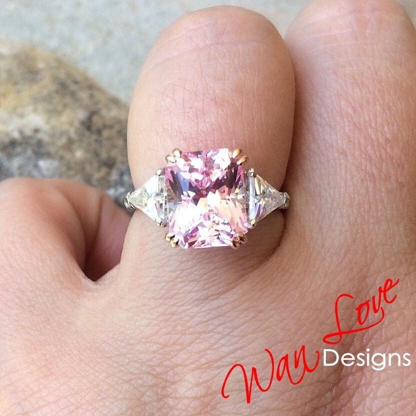 Light Pink Sapphire & Moissanite Radiant Triangle Engagement Ring-4ct 10x8mm-Custom-2 tone Rose White Gold-Wedding-Anniversary-Ready to Ship