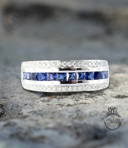 Mens Blue Sapphire & White Diamond Wedding Band Engagement Ring, 14k 18k White Yellow Rose Gold-Platinum-Custom made-Anniversary-Pinky