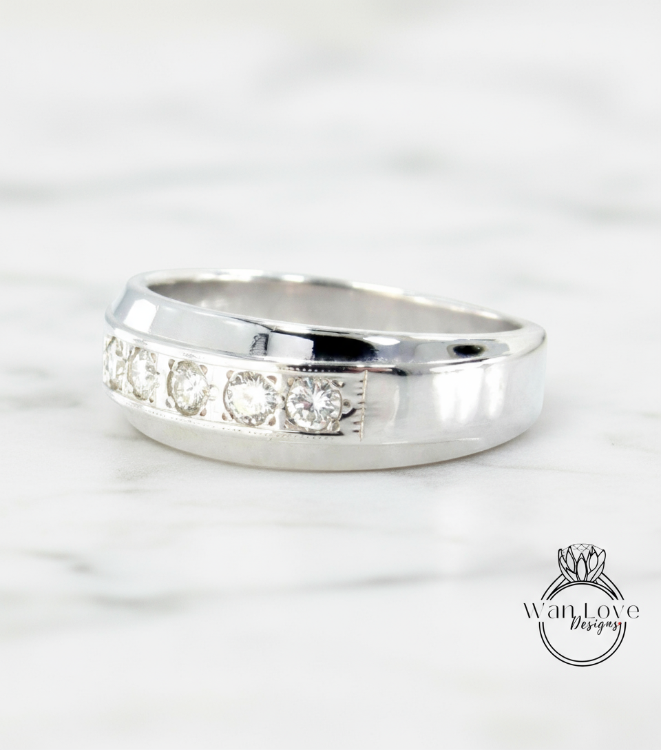 Diamond Wedding Band Mens Womens Unisex Ring .80ct 5 Diamonds Gem Stone Round 14k White gold Engagement Anniversary Gift-Ready to ship