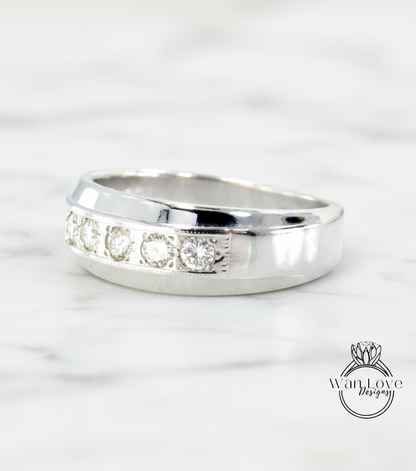 Diamond Wedding Band Mens Womens Unisex Ring .80ct 5 Diamonds Gem Stone Round 14k White gold Engagement Anniversary Gift-Ready to ship