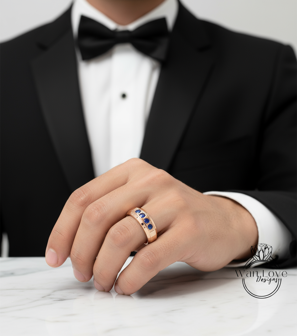 Mens Blue Sapphire Wedding Ring | White Gold Mens Wedding Band | Round Cut Diamond Band | 14k/18k Gold/Platinum Ring | His Birthstone Band