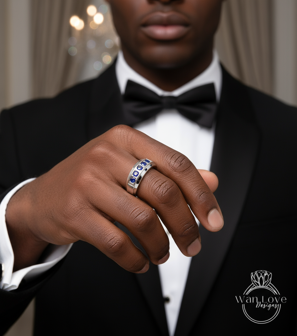 Mens Blue Sapphire Wedding Ring | White Gold Mens Wedding Band | Round Cut Diamond Band | 14k/18k Gold/Platinum Ring | His Birthstone Band