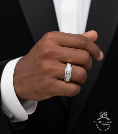 Mens Diamond Wedding Band, Moissanite Mens Wedding Band, Channel Setting Diamond/Moissanite Birthstone Mans Wedding Band jewelry gift