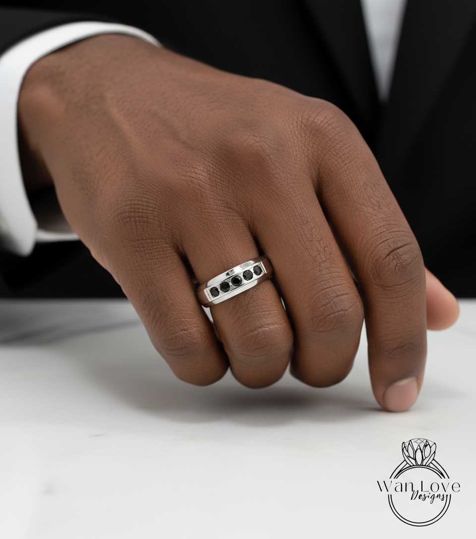 Mens Black Diamond Wedding Ring | White Gold Mens Wedding Band | Round Cut Black Spinel Band | 14k/18k Gold/Platinum Ring |His Wedding Band