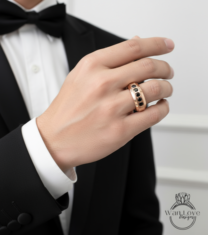 Mens Black Diamond Wedding Ring | White Gold Mens Wedding Band | Round Cut Black Spinel Band | 14k/18k Gold/Platinum Ring |His Wedding Band