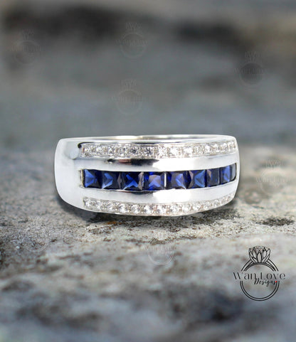 Blue & White Sapphire Wedding Band-Mans Engagement Ring-Mens Ring-White Gold mans ring-Anniversary gents ring Gift-Ready to Quick ship